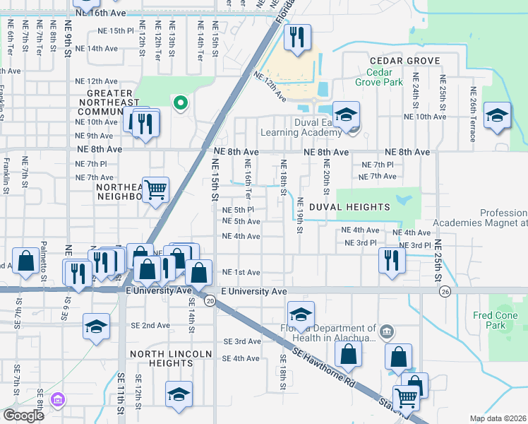 map of restaurants, bars, coffee shops, grocery stores, and more near 1611 Northeast 6th Avenue in Gainesville
