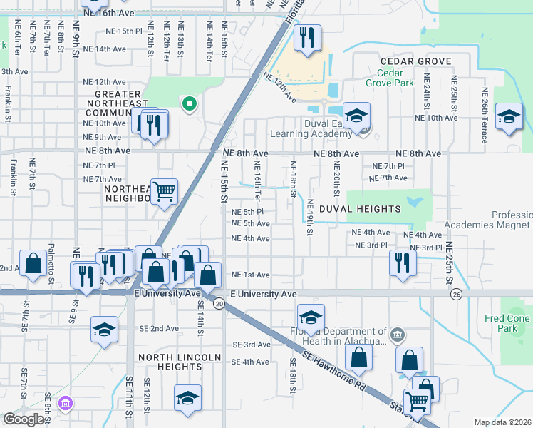 map of restaurants, bars, coffee shops, grocery stores, and more near 1611 Northeast 6th Avenue in Gainesville