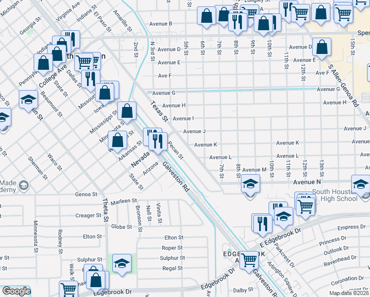 map of restaurants, bars, coffee shops, grocery stores, and more near 501 Avenue K in South Houston