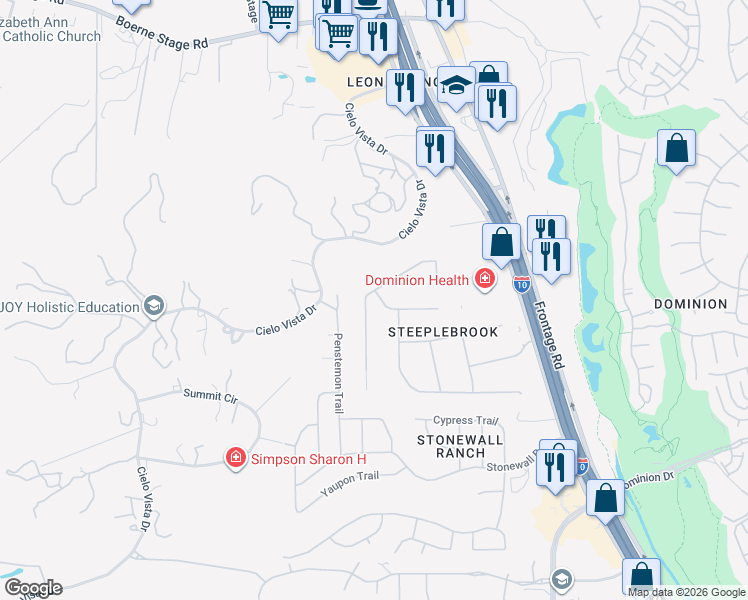 map of restaurants, bars, coffee shops, grocery stores, and more near 22903 Steeple Bluff in San Antonio