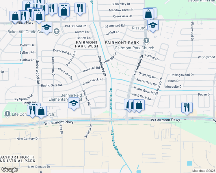 map of restaurants, bars, coffee shops, grocery stores, and more near 3707 Roseberry Drive in La Porte