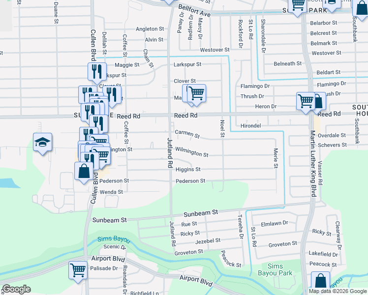 map of restaurants, bars, coffee shops, grocery stores, and more near 5036 Carmen Street in Houston