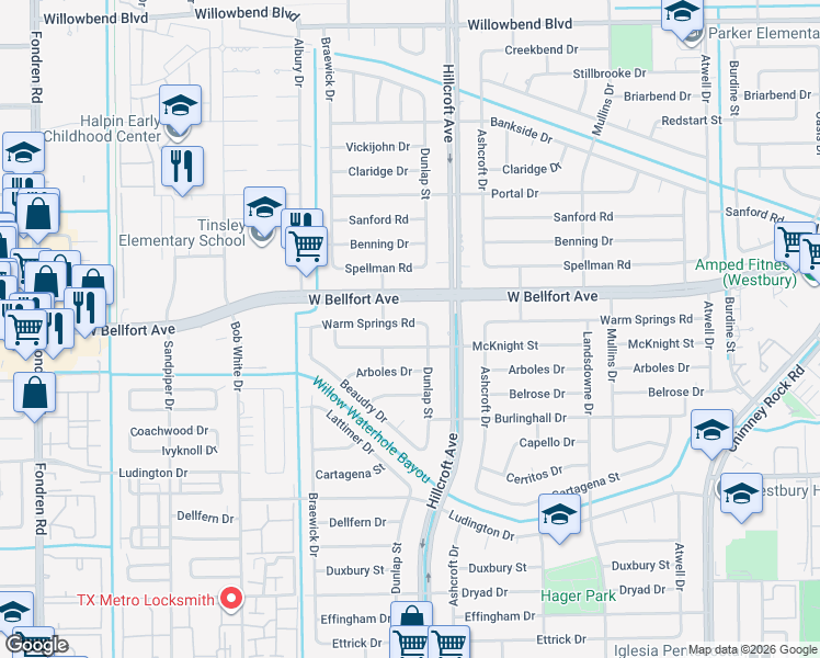 map of restaurants, bars, coffee shops, grocery stores, and more near 5922 Warm Springs Road in Houston