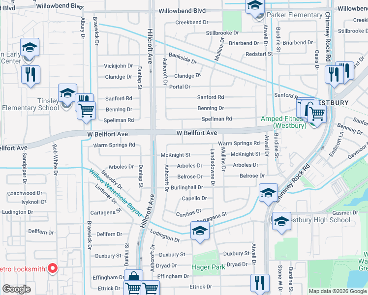 map of restaurants, bars, coffee shops, grocery stores, and more near 5806 Warm Springs Road in Houston