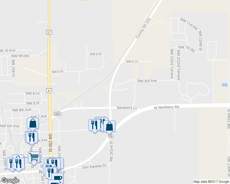 map of restaurants, bars, coffee shops, grocery stores, and more near 24115 Northwest 2 Lane in Newberry