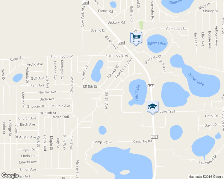 map of restaurants, bars, coffee shops, grocery stores, and more near Southeast 5th Avenue in Interlachen