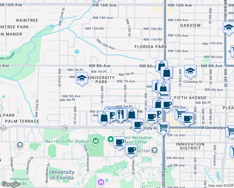 map of restaurants, bars, coffee shops, grocery stores, and more near 1734 Northwest 5th Avenue in Gainesville