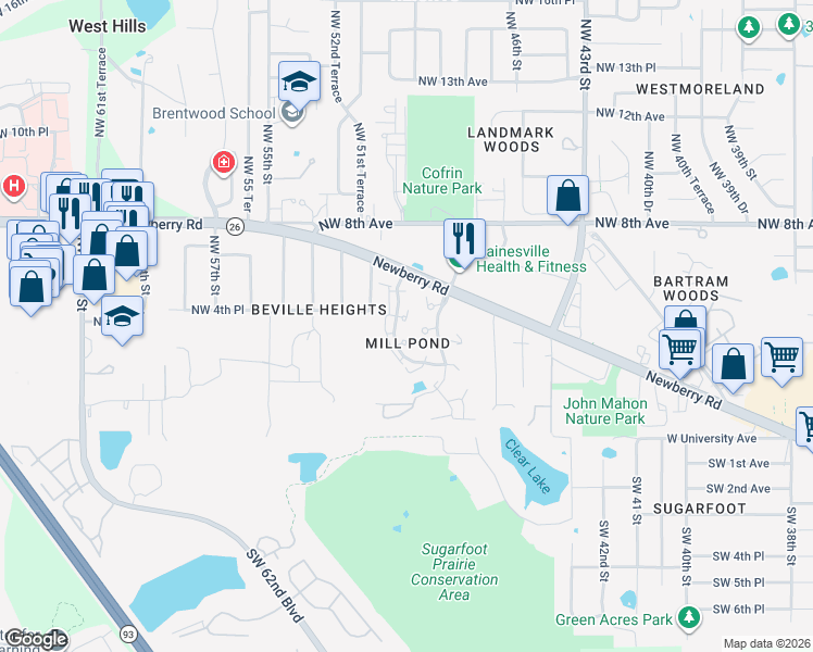 map of restaurants, bars, coffee shops, grocery stores, and more near 447 Northwest 50 Boulevard in Gainesville