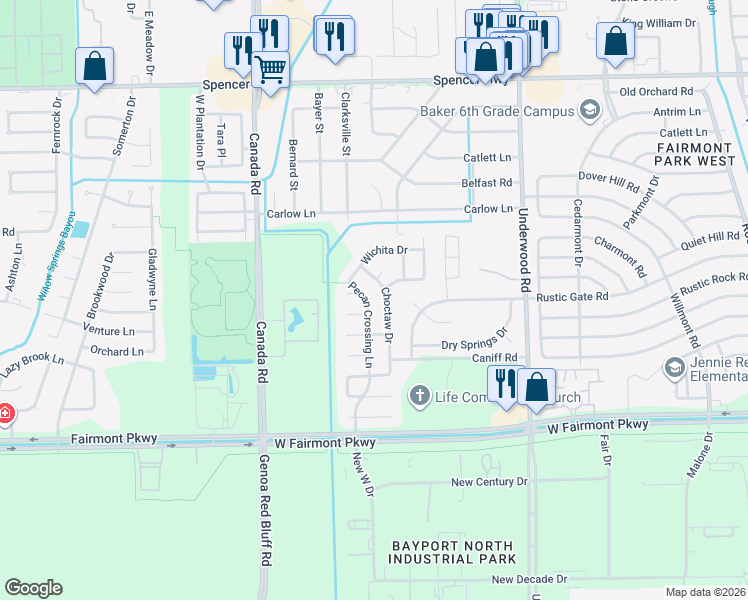 map of restaurants, bars, coffee shops, grocery stores, and more near 3601 Choctaw Drive in La Porte