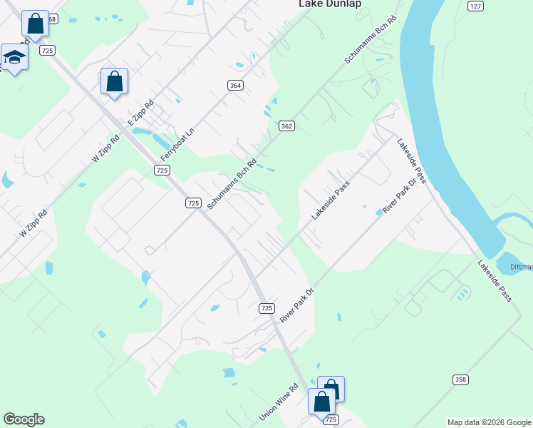 map of restaurants, bars, coffee shops, grocery stores, and more near 150 Schumans Beach Road in New Braunfels