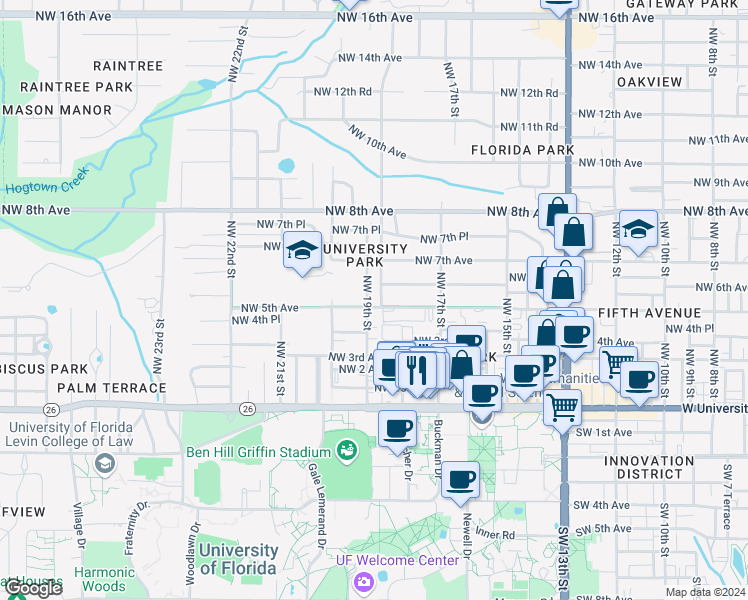 map of restaurants, bars, coffee shops, grocery stores, and more near 507 Northwest 19th Street in Gainesville