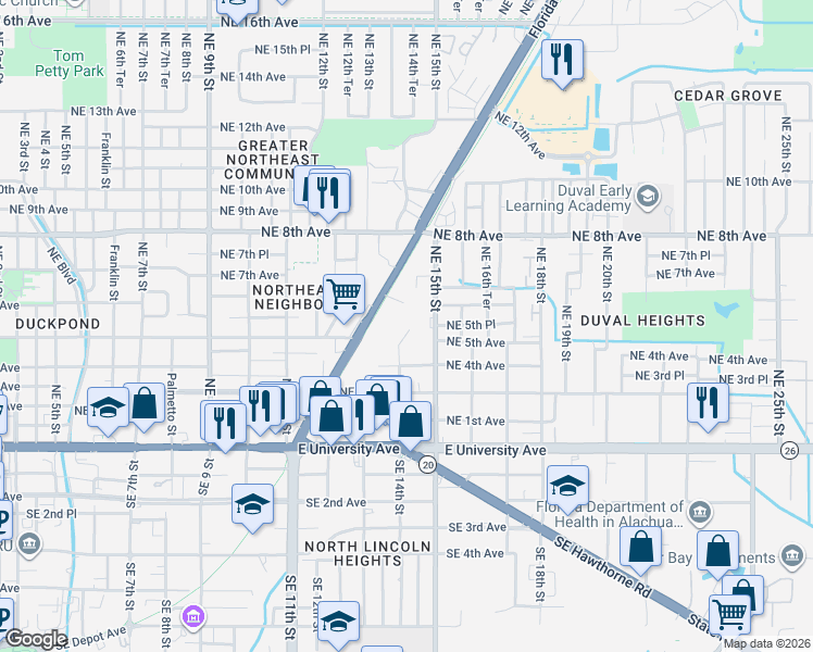 map of restaurants, bars, coffee shops, grocery stores, and more near 521 Northeast Waldo Road in Gainesville