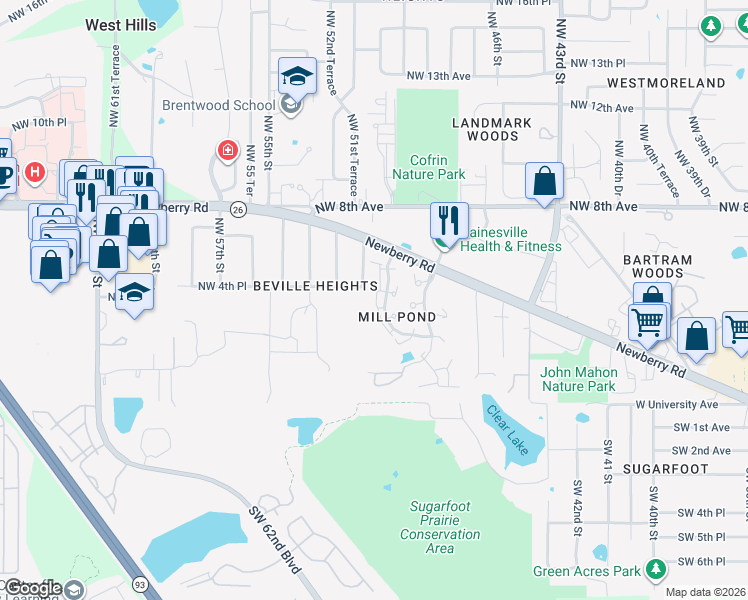 map of restaurants, bars, coffee shops, grocery stores, and more near 447 Northwest 50 Boulevard in Gainesville