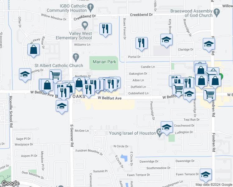 map of restaurants, bars, coffee shops, grocery stores, and more near 8224 West Bellfort Street in Houston