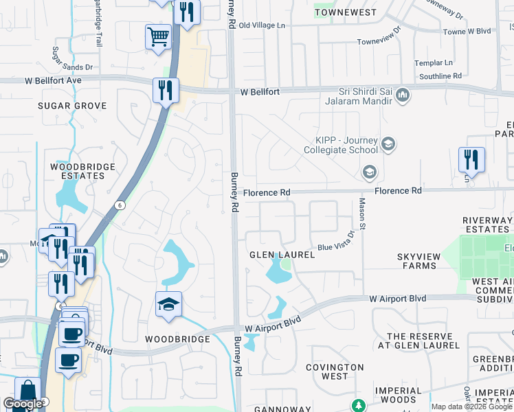 map of restaurants, bars, coffee shops, grocery stores, and more near 14222 Silver Glade Lane in Sugar Land