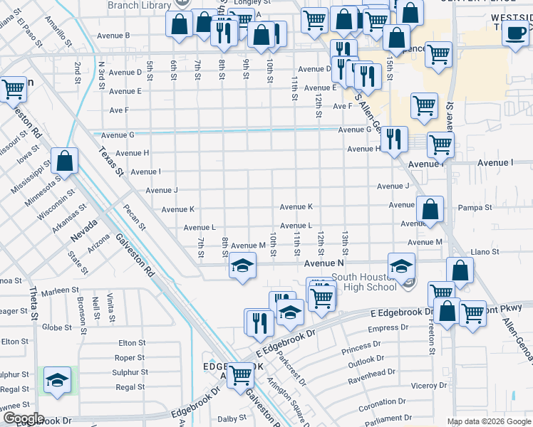 map of restaurants, bars, coffee shops, grocery stores, and more near 1003 Avenue K in South Houston