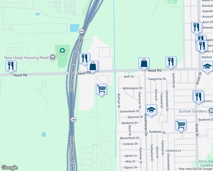map of restaurants, bars, coffee shops, grocery stores, and more near 2910 Reed Road in Houston