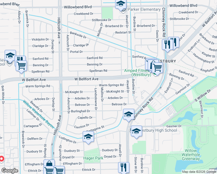 map of restaurants, bars, coffee shops, grocery stores, and more near 5626 Warm Springs Road in Houston