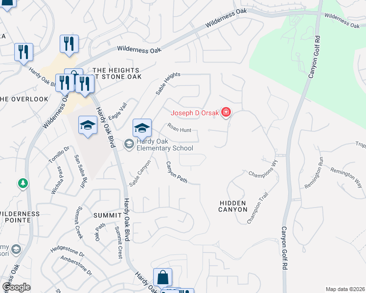map of restaurants, bars, coffee shops, grocery stores, and more near 223 Impala Trce in San Antonio