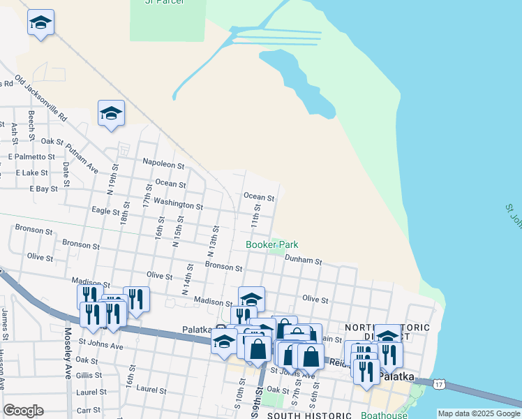 map of restaurants, bars, coffee shops, grocery stores, and more near 1003 Ocean Street in Palatka