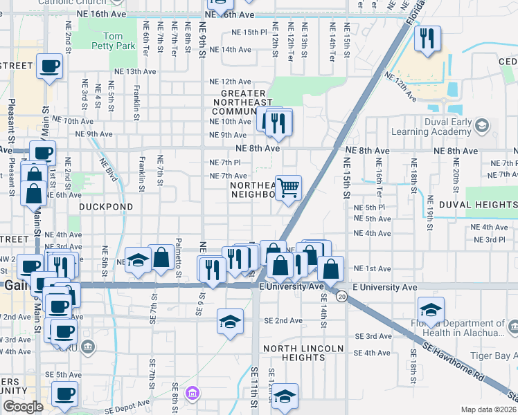 map of restaurants, bars, coffee shops, grocery stores, and more near 1118 Northeast 5th Place in Gainesville