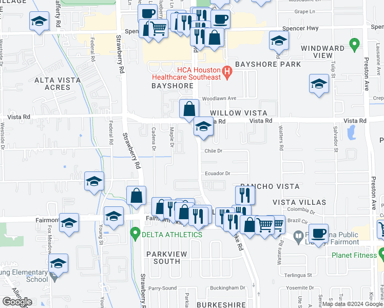map of restaurants, bars, coffee shops, grocery stores, and more near 3502 Burke Road in Pasadena