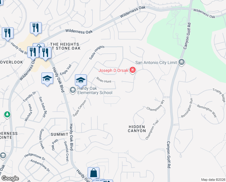 map of restaurants, bars, coffee shops, grocery stores, and more near 238 Impala Trce in San Antonio