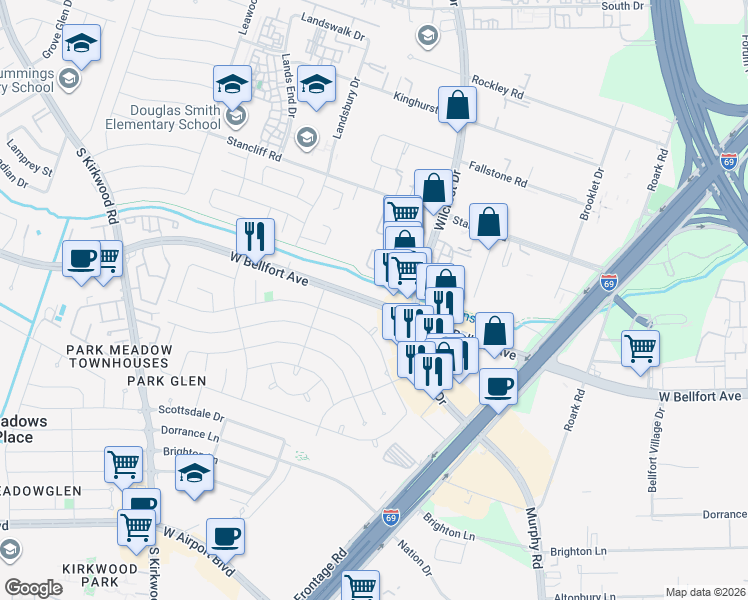 map of restaurants, bars, coffee shops, grocery stores, and more near 10934 West Bellfort Boulevard in Houston