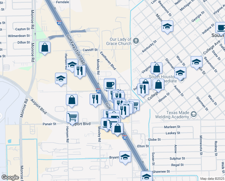 map of restaurants, bars, coffee shops, grocery stores, and more near 9331 Tallyho Road in Houston