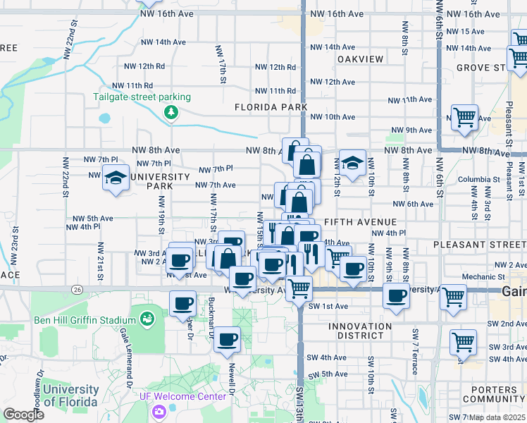 map of restaurants, bars, coffee shops, grocery stores, and more near 511 Northwest 15th Street in Gainesville