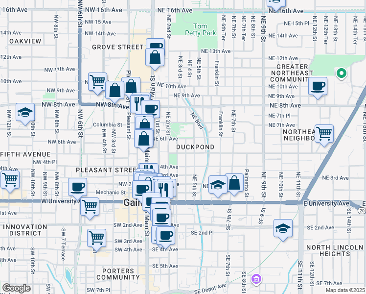 map of restaurants, bars, coffee shops, grocery stores, and more near 525 Northeast 4 Street in Gainesville