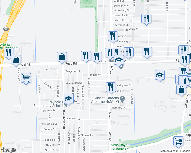 map of restaurants, bars, coffee shops, grocery stores, and more near 3522 Tangerine Street in Houston