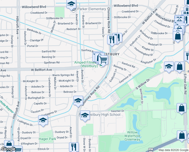 map of restaurants, bars, coffee shops, grocery stores, and more near 11500 Chimney Rock Road in Houston