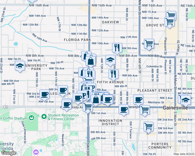 map of restaurants, bars, coffee shops, grocery stores, and more near 1019 Northwest 5th Avenue in Gainesville