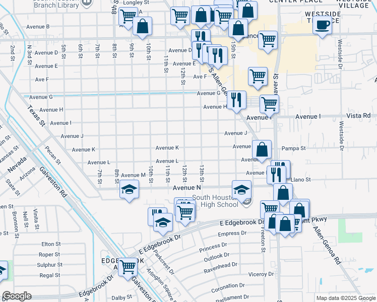 map of restaurants, bars, coffee shops, grocery stores, and more near 1205 Avenue K in South Houston