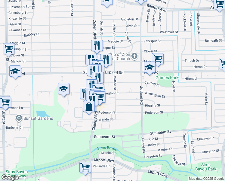 map of restaurants, bars, coffee shops, grocery stores, and more near 4735 Wilmington Street in Houston