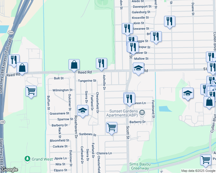 map of restaurants, bars, coffee shops, grocery stores, and more near 3511 Tangerine Street in Houston