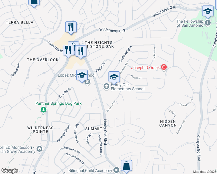 map of restaurants, bars, coffee shops, grocery stores, and more near 22900 Hardy Oak Boulevard in San Antonio
