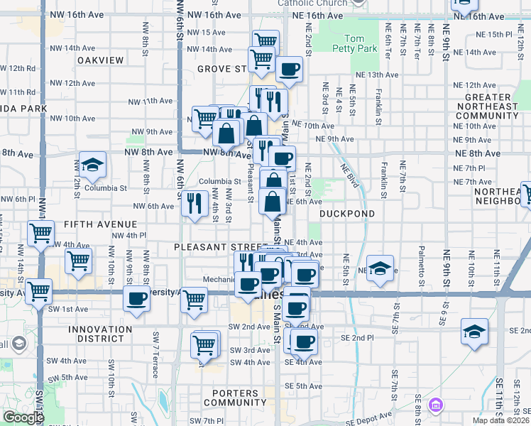 map of restaurants, bars, coffee shops, grocery stores, and more near 524 Northwest 1st Street in Gainesville