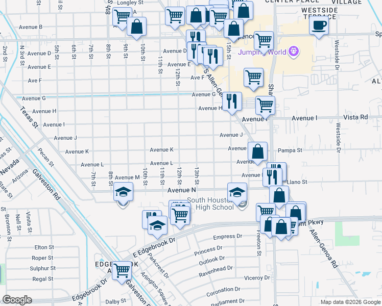 map of restaurants, bars, coffee shops, grocery stores, and more near 1205 Avenue K in South Houston