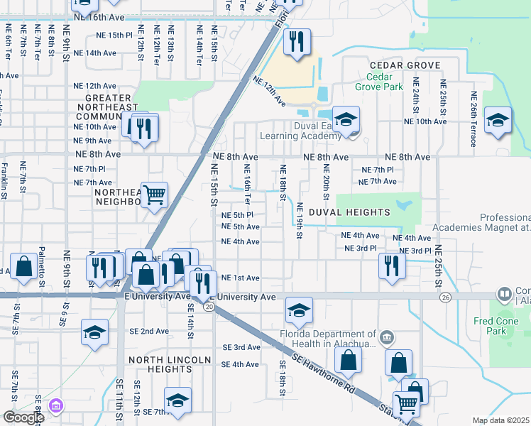map of restaurants, bars, coffee shops, grocery stores, and more near 1698 Northeast 5th Place in Gainesville