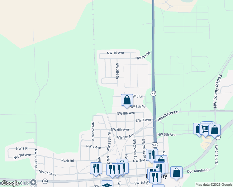 map of restaurants, bars, coffee shops, grocery stores, and more near 132 Northwest 8 Lane in Newberry