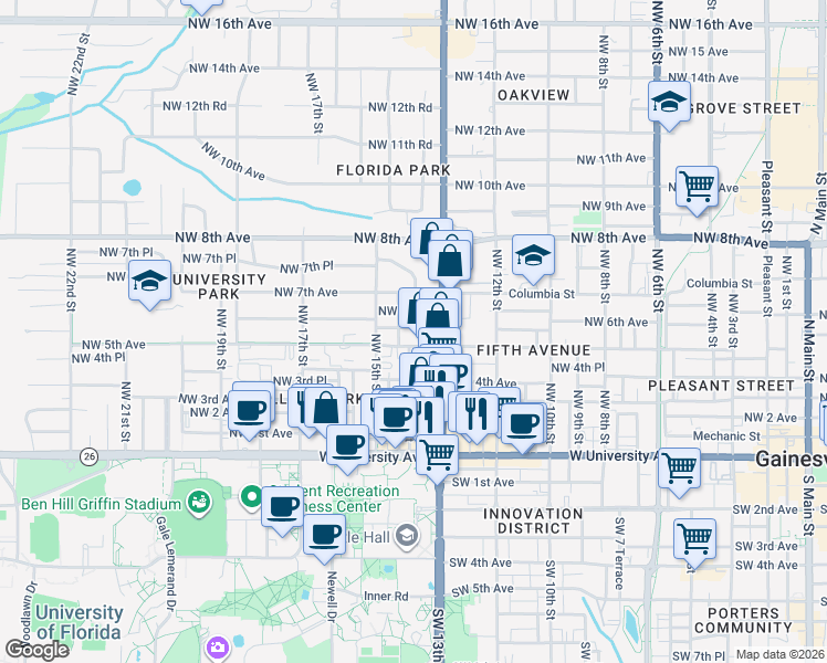 map of restaurants, bars, coffee shops, grocery stores, and more near 1408 Northwest 6th Avenue in Gainesville
