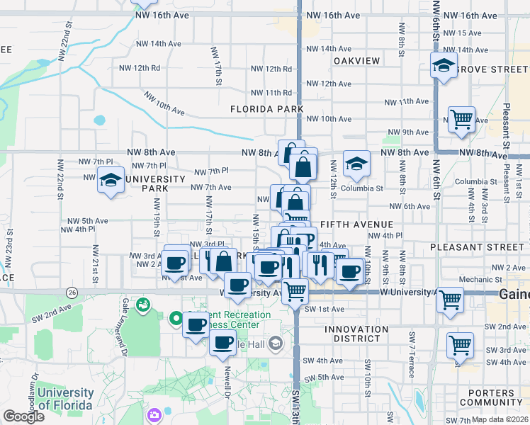map of restaurants, bars, coffee shops, grocery stores, and more near 1423 Northwest 6th Avenue in Gainesville