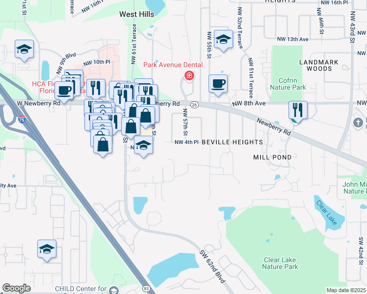map of restaurants, bars, coffee shops, grocery stores, and more near 5715 Northwest 4 Place in Gainesville
