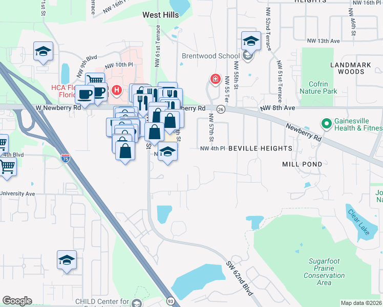 map of restaurants, bars, coffee shops, grocery stores, and more near 5815 Northwest 4 Place in Gainesville