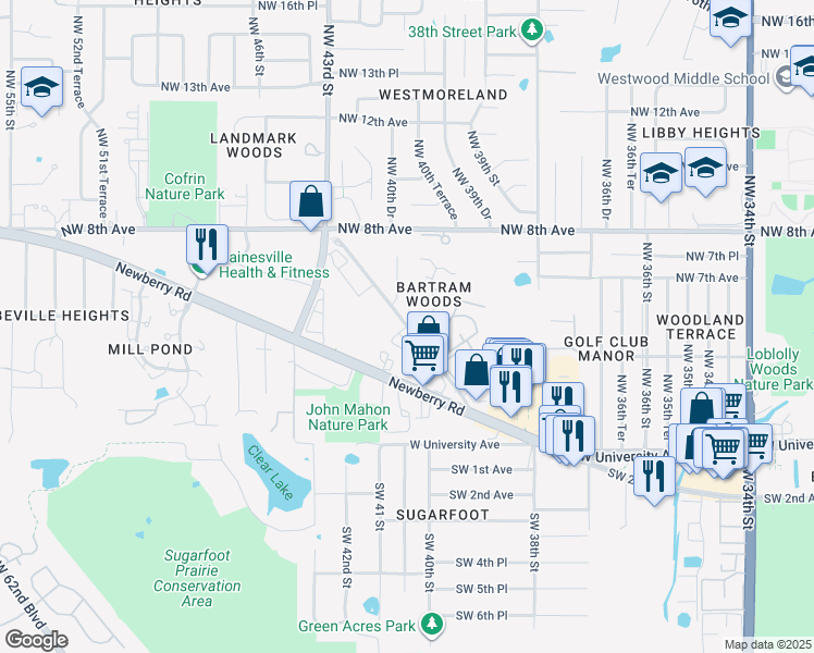 map of restaurants, bars, coffee shops, grocery stores, and more near Northwest 39th Road in Gainesville