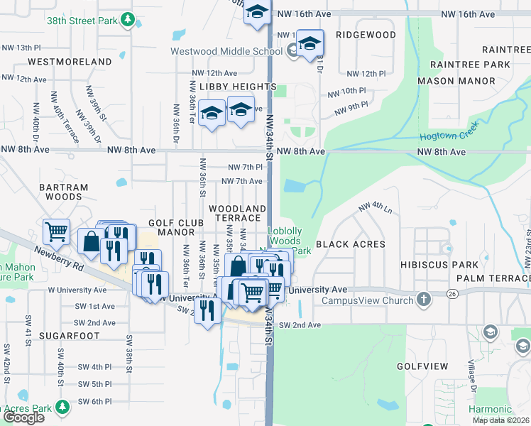 map of restaurants, bars, coffee shops, grocery stores, and more near 602 Northwest 34th Street in Gainesville