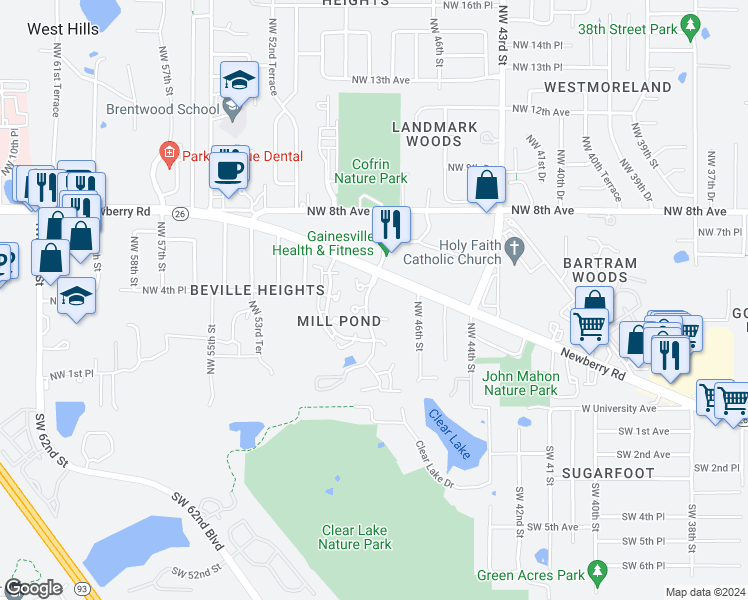 map of restaurants, bars, coffee shops, grocery stores, and more near 405 Northwest 48th Boulevard in Gainesville