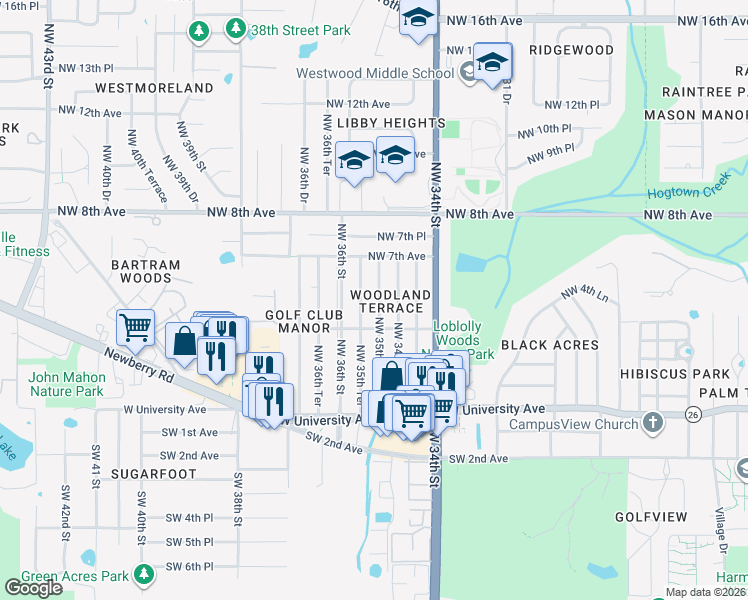 map of restaurants, bars, coffee shops, grocery stores, and more near 601 Northwest 35th Terrace in Gainesville